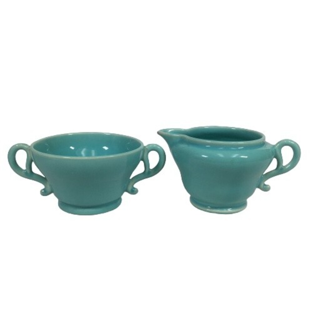 Franciscan Ware Cream & Sugar Bowl Aqua Teal 1930’s-50’s GMB Pretzel Handles USA